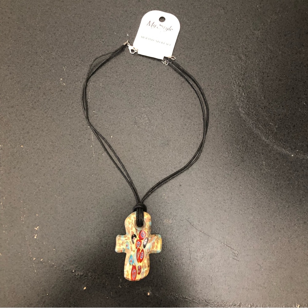 Murano Gold/Blue Cross Pendant Necklace with Black Chord - Picture 2 of 6
